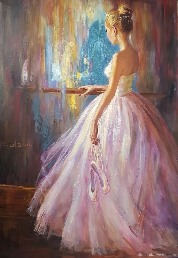 a painting of a girl in a ball gown holding a ballet shoe and looking out the window