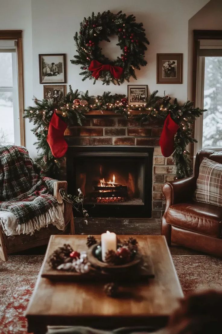 a living room filled with furniture and a fire place covered in christmas wreaths next to a fireplace