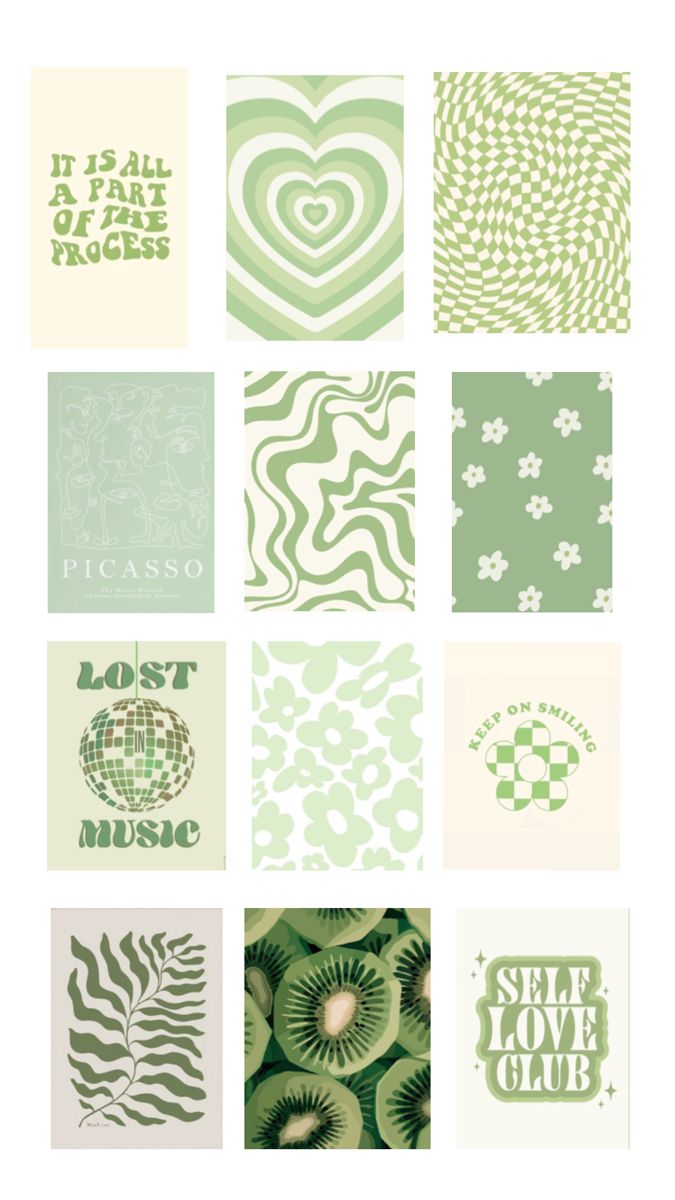 several green and white cards with different designs on them, including the words lost love club