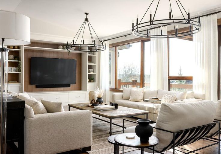 a living room filled with furniture and a flat screen tv mounted to the wall above it