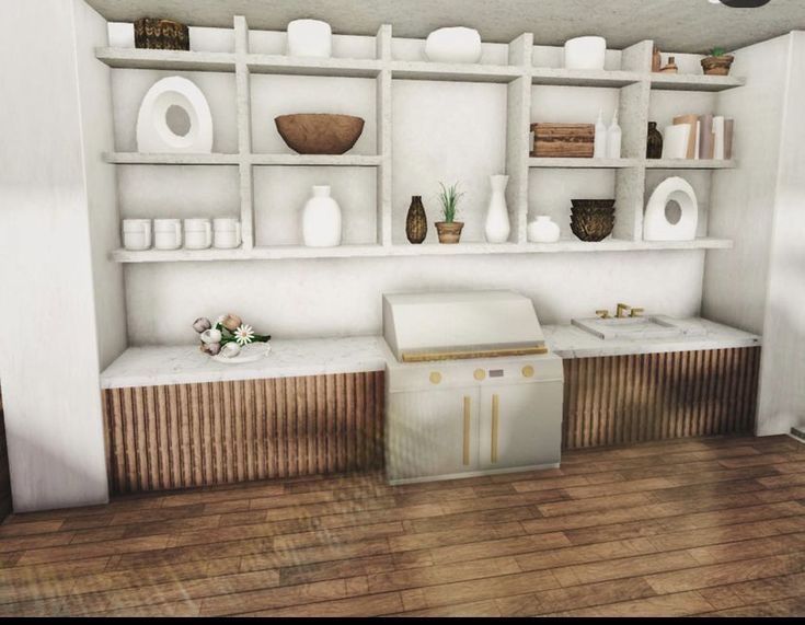 a white room with shelves filled with vases and other items