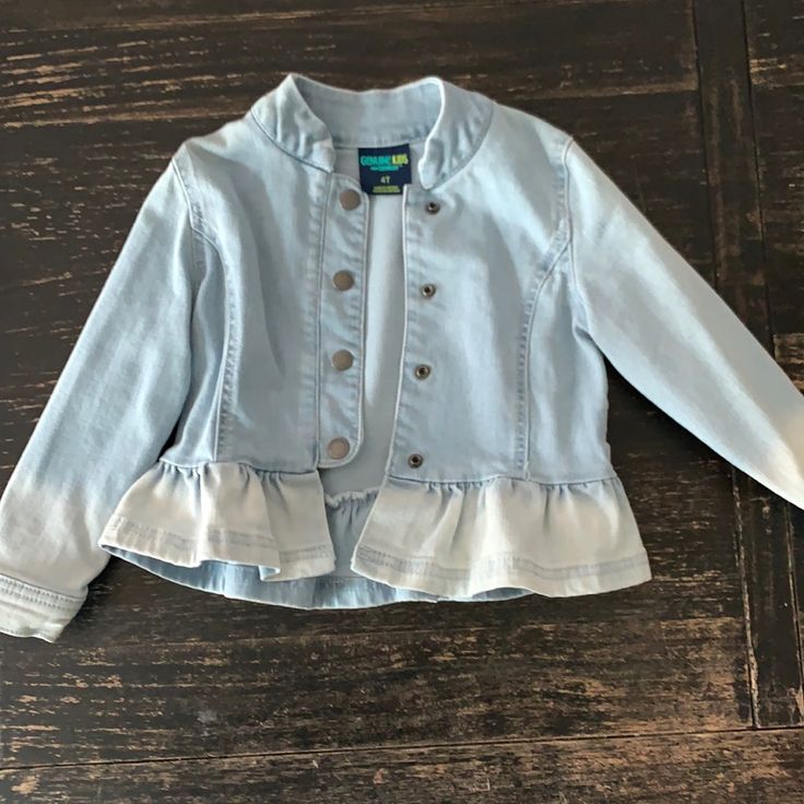 Genuine Kids Denim Peplum Ombr Jacket Cute Long Sleeve Denim Blue Outerwear, Blue Cotton Denim Jacket For Playtime, Cute Medium Wash Cotton Outerwear, Cute Denim Blue Spring Outerwear, Denim Blue Cute Spring Outerwear, Spring Cotton Outerwear For Playtime, Blue Denim Jacket For Playtime In Fall, Cute Cotton Button-up Outerwear, Cute Outerwear For Spring Playtime