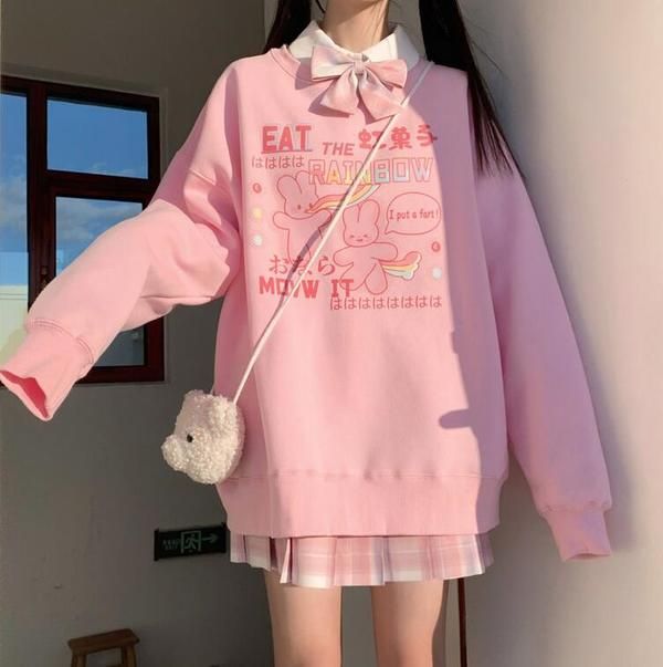 The Rainbow Bunny Rabbit Pastel Pink Sweatshirt on Storenvy Cute Pink Outfits, Kawaii Rainbow, Pastel Kawaii, Pastel Fashion, Kawaii Fashion Outfits, Cute Pastel, Sweatshirt Cute, Current Fashion Trends, Alternative Outfits