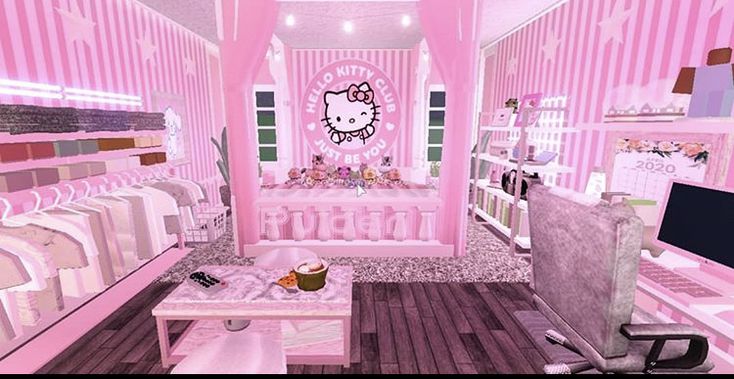 a hello kitty themed room with pink walls