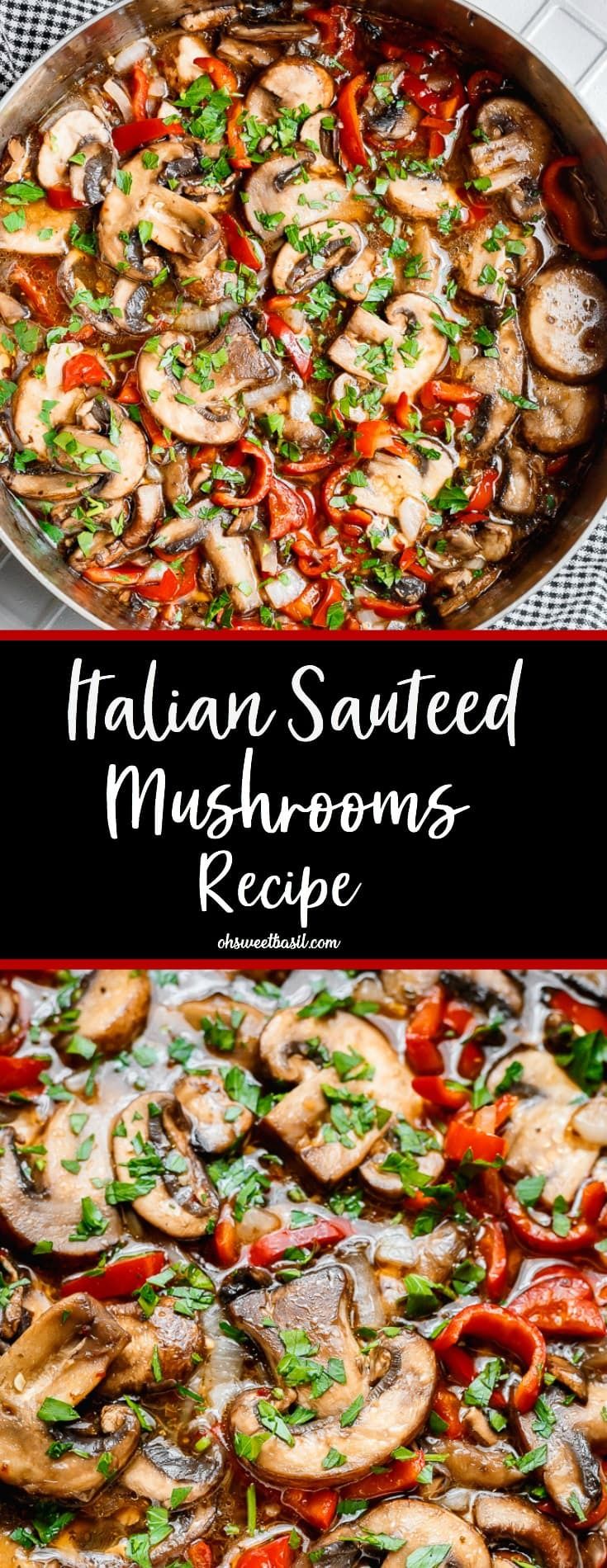 a pan filled with mushrooms and peppers on top of a table