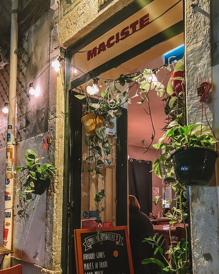 the entrance to a restaurant with potted plants