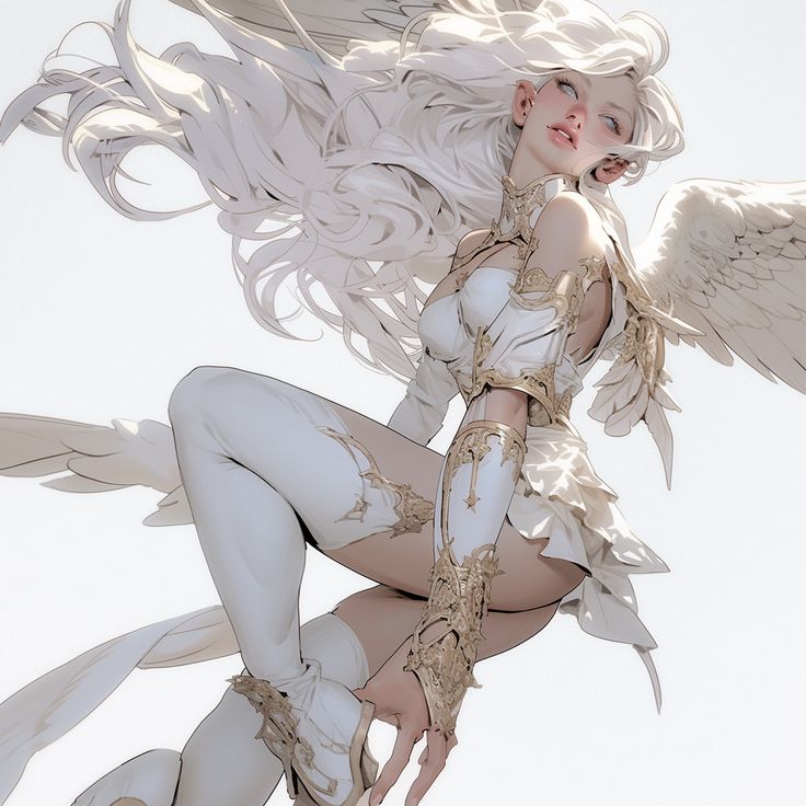 a woman with white hair and wings flying through the air