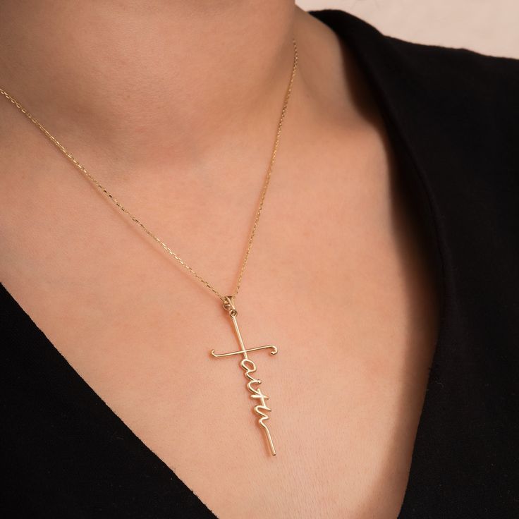 14k 18K Solid Gold Faith Cross Necklace, Faith Dainty Cross Pendant, Faith Gold Pendant, Holy Pendant Necklaces, Baptism Gifts, Christian Jewelry, Mothers Day Gift  Faith Cross Necklace, Dainty Religion Necklace, Religious Necklaces, Holy Necklaces, Baptism Gifts, Christian Jewelry, Mothers Day Gift  FAITH Cross necklace, vertical Christian necklace with Bible verse, Faith pendant, Christian jewelry, Easter gift, gifts for her  Material: Solid Gold (Not Gold Filled or Gold Plated) Available gold Personalized Gold Crucifix Jewelry, Elegant Cross Pendant Jewelry For Baptism, Elegant Gold Cross Necklace For Mother's Day, Elegant Engraved Cross Necklace For Anniversary, Elegant Cross Necklace For Baptism, Elegant Yellow Gold Necklace For Baptism, Elegant Yellow Gold Baptism Jewelry, Personalized Yellow Gold Cross Pendant Jewelry, Elegant Personalized Cross Pendant Jewelry