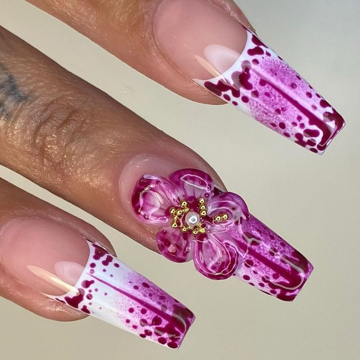 Orchid Acrylic Nails, 3d Orchid Nails, Orchid Nail Designs, Orchid Nails, Lily Nails, Pretty Gel Nails, Get Nails, Fire Nails, Nail Paint