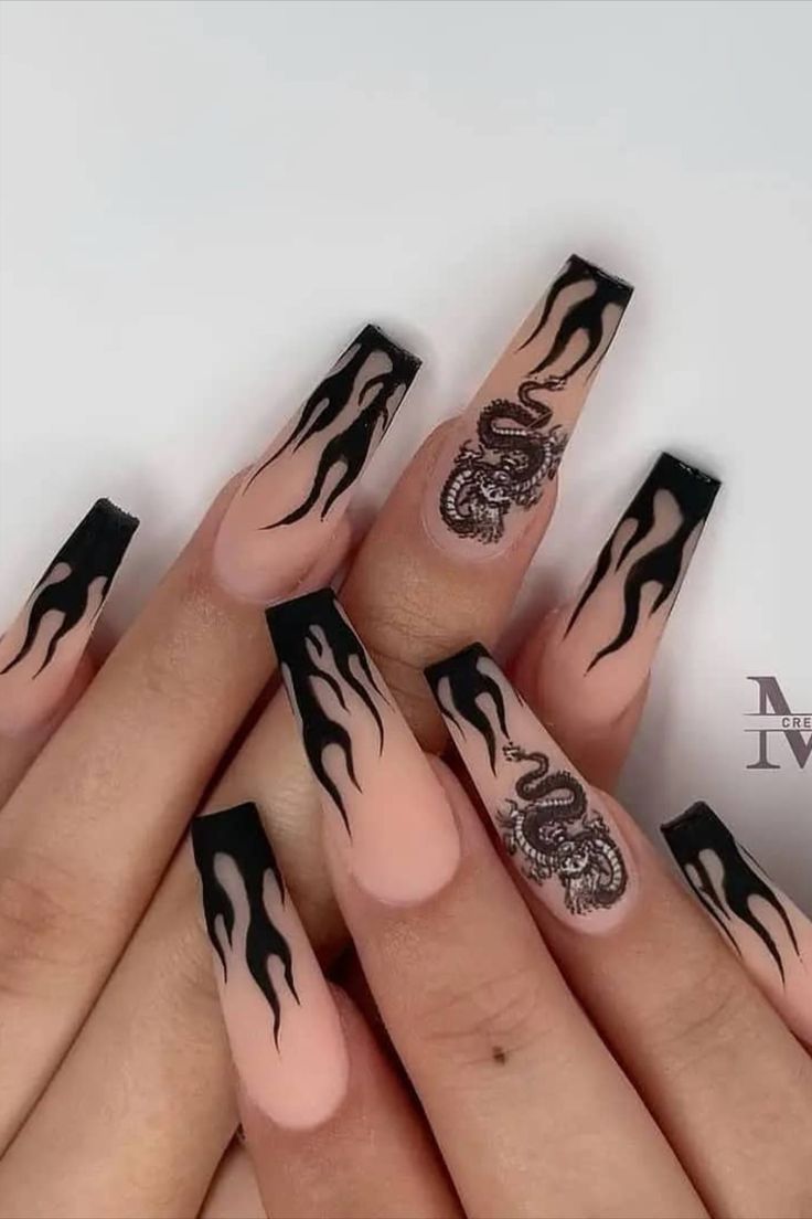 Dragon Nails, Fake Nails Designs, Black Acrylic Nails, Punk Nails, Baddie Nails, Aesthetic Nails, Edgy Nails, Grunge Nails, Dope Nail Designs