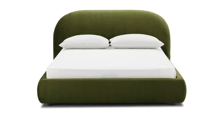 a bed with white pillows and green headboard on top of it, against a white background