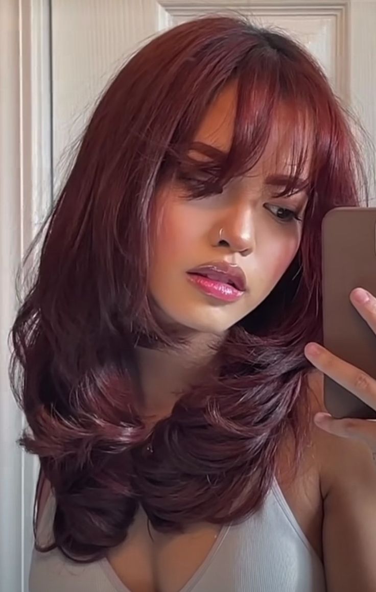 Red Hair With Bangs, Wine Hair Color, Cherry Red Hair, Wine Red Hair, Red Hair Inspo, Wine Hair, Cherry Hair, Ginger Hair Color, Hairstyles For Layered Hair