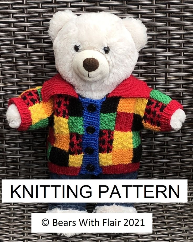 a white teddy bear wearing a colorful sweater and jeans with the words bears with flair on it