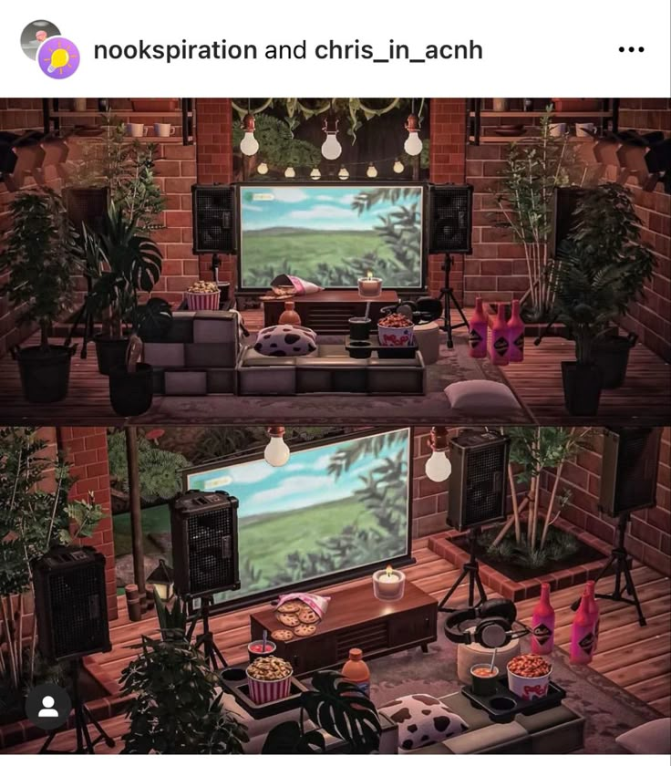 a living room filled with furniture and lots of plants on top of the tv screen