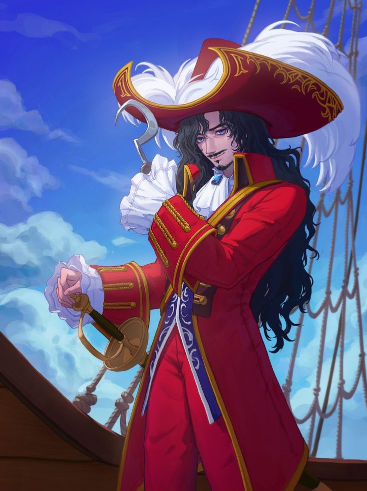 a man in a red suit and hat standing on top of a boat with long black hair