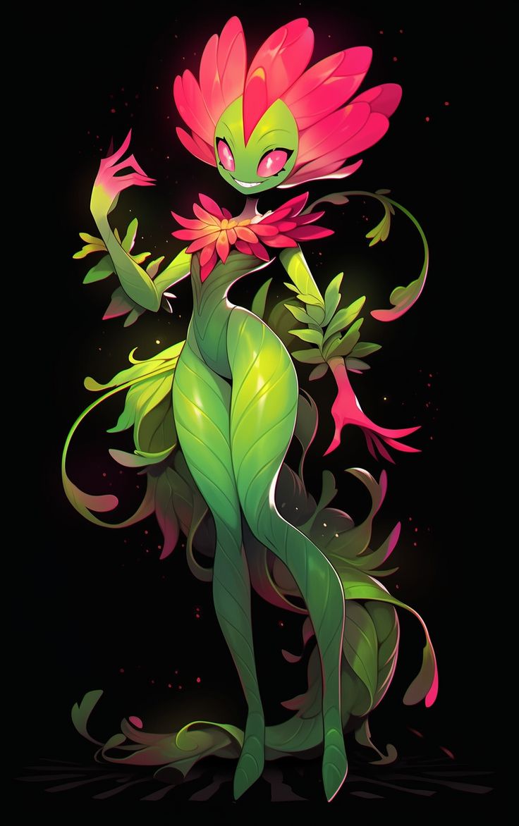 a green and pink lizard with flowers on it's back legs, standing in front of a black background