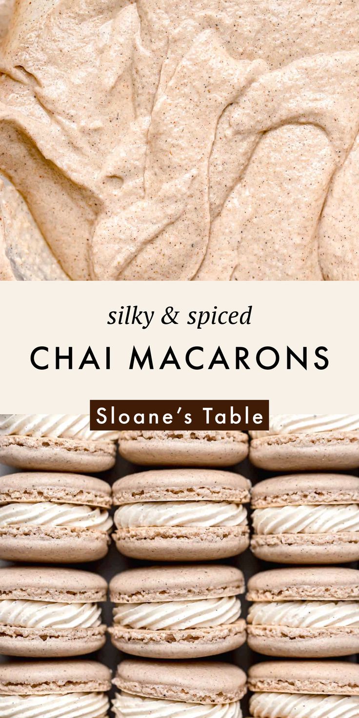 there are many macarons stacked on top of each other and the title says silky & spiced chai macaroons