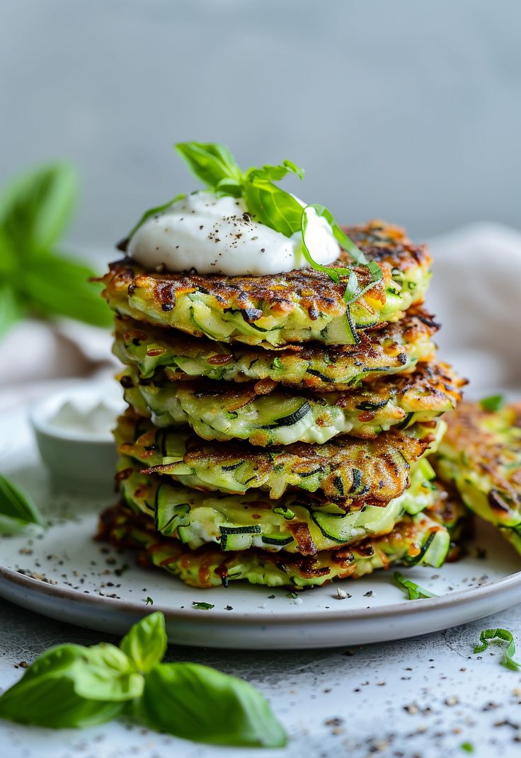 a stack of zucchini fritters with sour cream on top