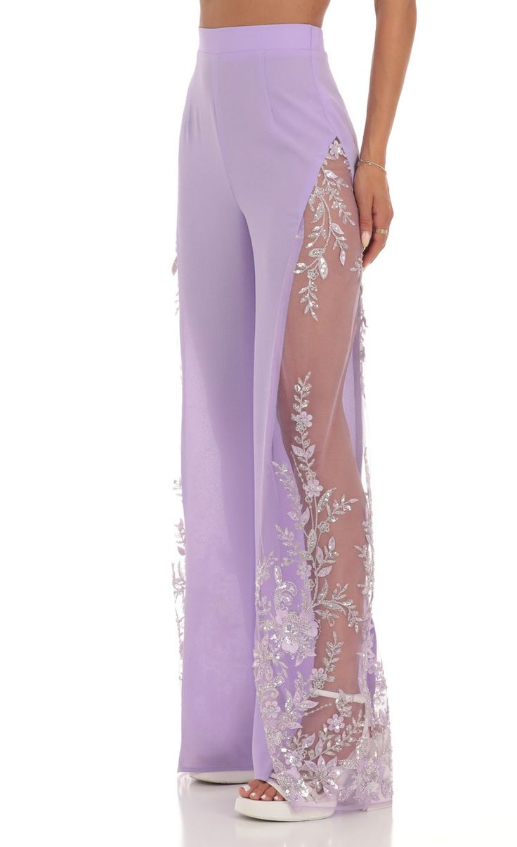 Purple Wide-leg Pants For Party, Full Length Purple Pants, Elegant Purple Long Pants, Elegant Long Purple Pants, Purple Party Trousers, Spring Full Length Purple Pants, Spring Purple Full-length Pants, Full Length Purple Pants For Spring, Purple Stretch Trousers