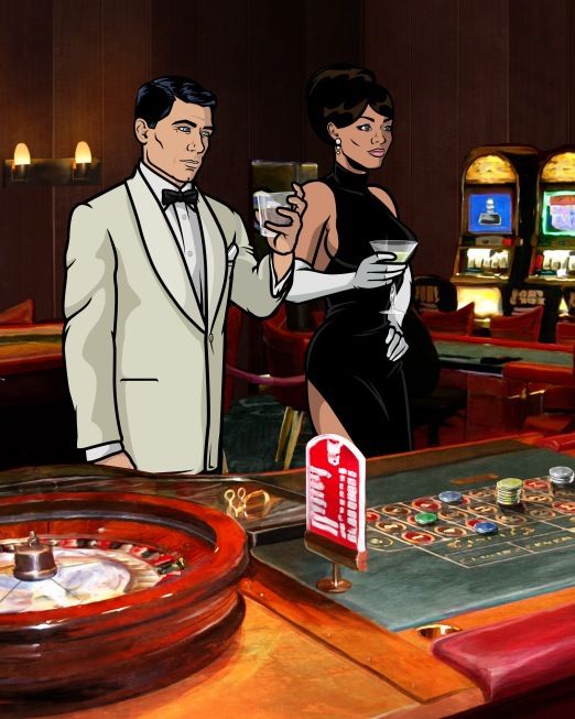 a man and woman standing next to each other in front of a casino roule