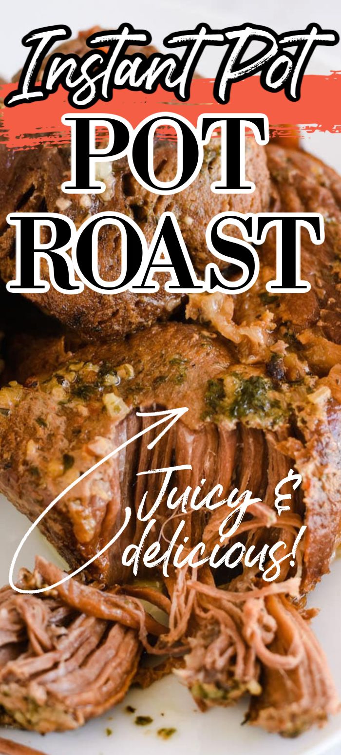 there is a white plate with meat on it and the words instant pot roast above it