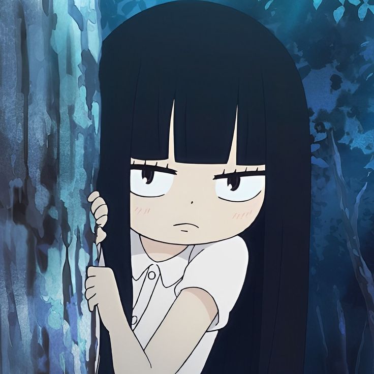 a girl with long black hair holding an umbrella