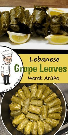 grape leaves in a pan with lemon wedges on the side and an image of a chef next to them