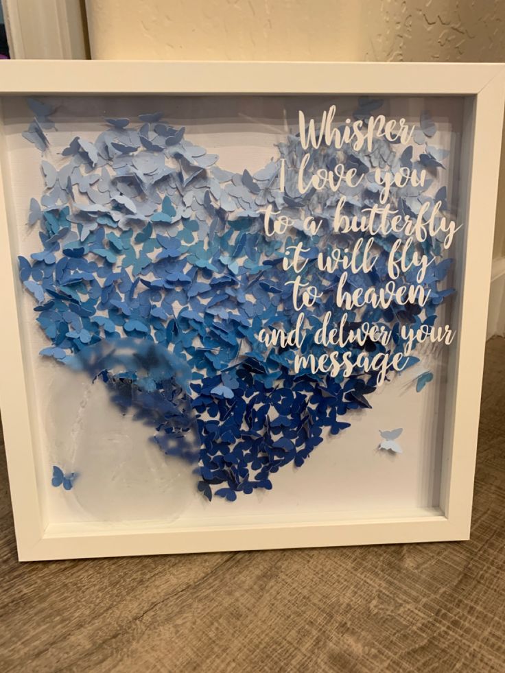 a white frame with blue butterflies in it