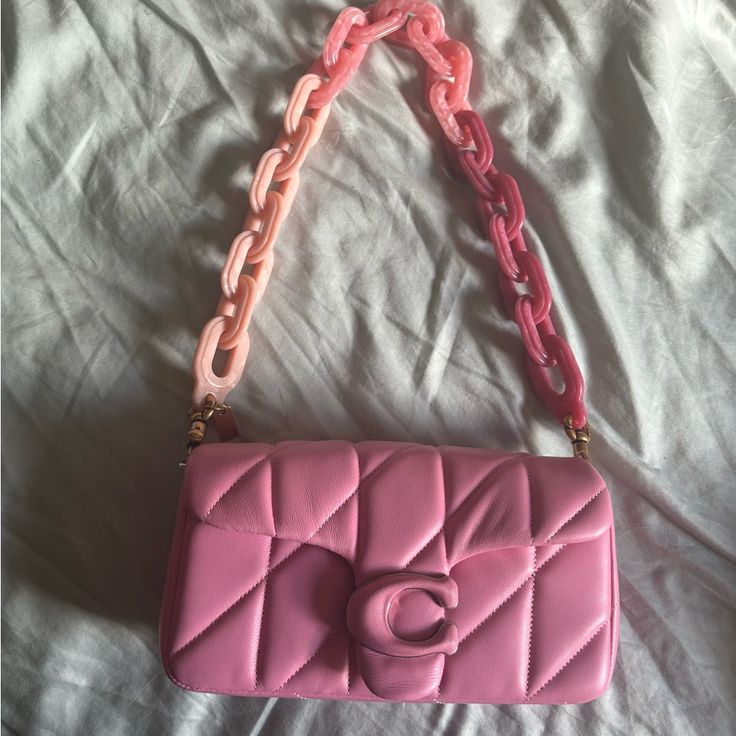 Brand New Never Used Chain Included With Bag As Well As Crossbody Strap Designer Rectangular Shoulder Bag With Chain Strap, Chic Square Bags With Branded Hardware, Pink Square Shoulder Bag With Dust Bag, Designer Bag With Chain Strap, Pink Luxury Square Shoulder Bag, Luxury Pink Square Shoulder Bag, Coach Luxury Shoulder Bag With Chain Strap, Luxury Coach Shoulder Bag With Chain Strap, Chic Pink Square Shoulder Bag