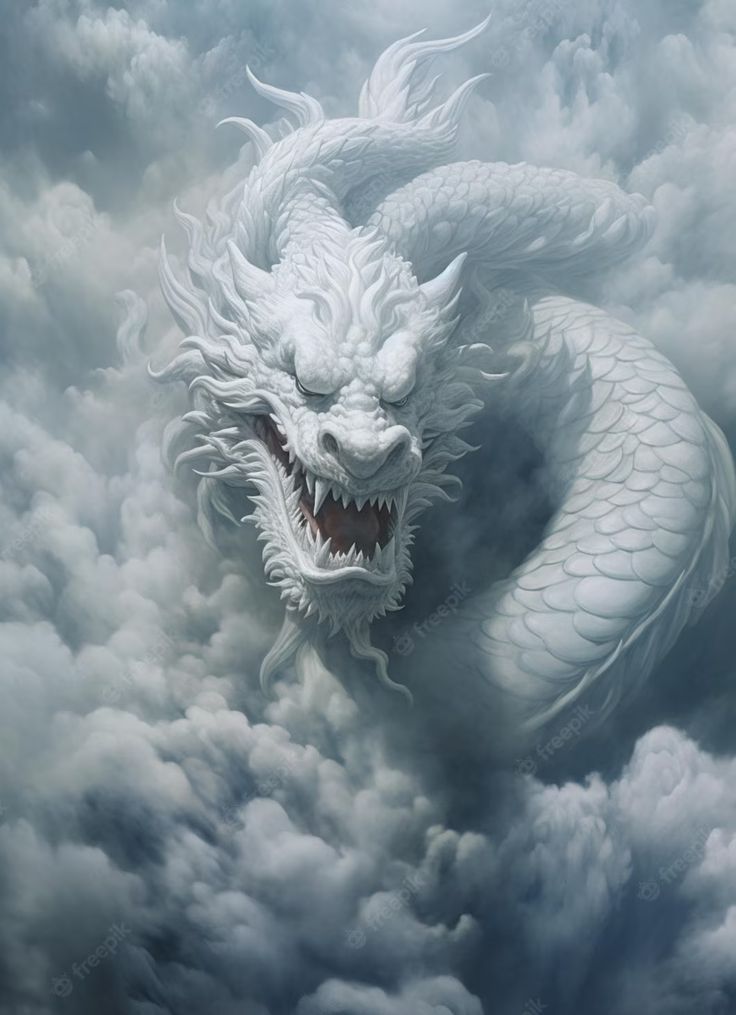 a white dragon with its mouth open in the clouds