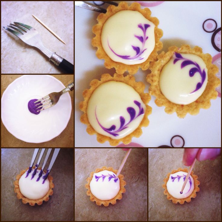 there are several pictures of cupcakes with icing on them and some forks