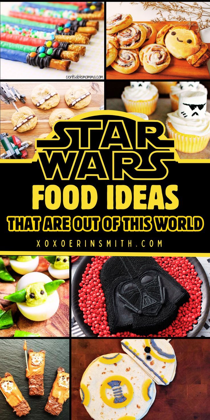 collage of star wars themed party food ideas, star wars desserts, star wars themed cupcakes and more Star Wars Themed Foods, Star Wars Birthday Party Food Ideas, Star Wars Party Food Ideas, Star Wars Recipes Food, Star Wars Dessert Ideas, Star Wars Theme Food, Star Wars Themed Treats, Star Wars Birthday Party Ideas For Boys, May The 4th Be With You Recipes