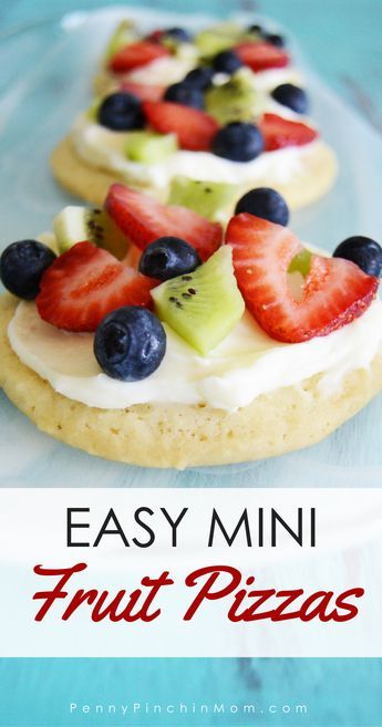 easy mini fruit pizzas on a plate with the title overlay reading easy mini fruit pizzas