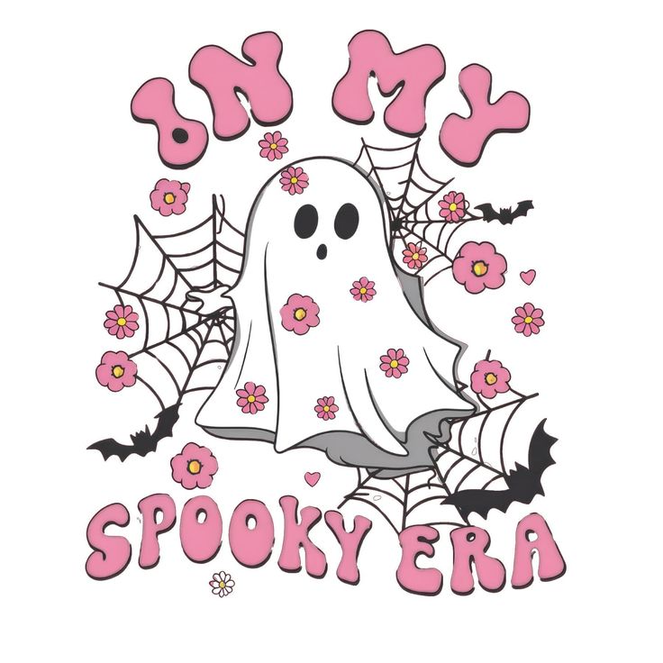 a white ghost with pink flowers and the words spooky era