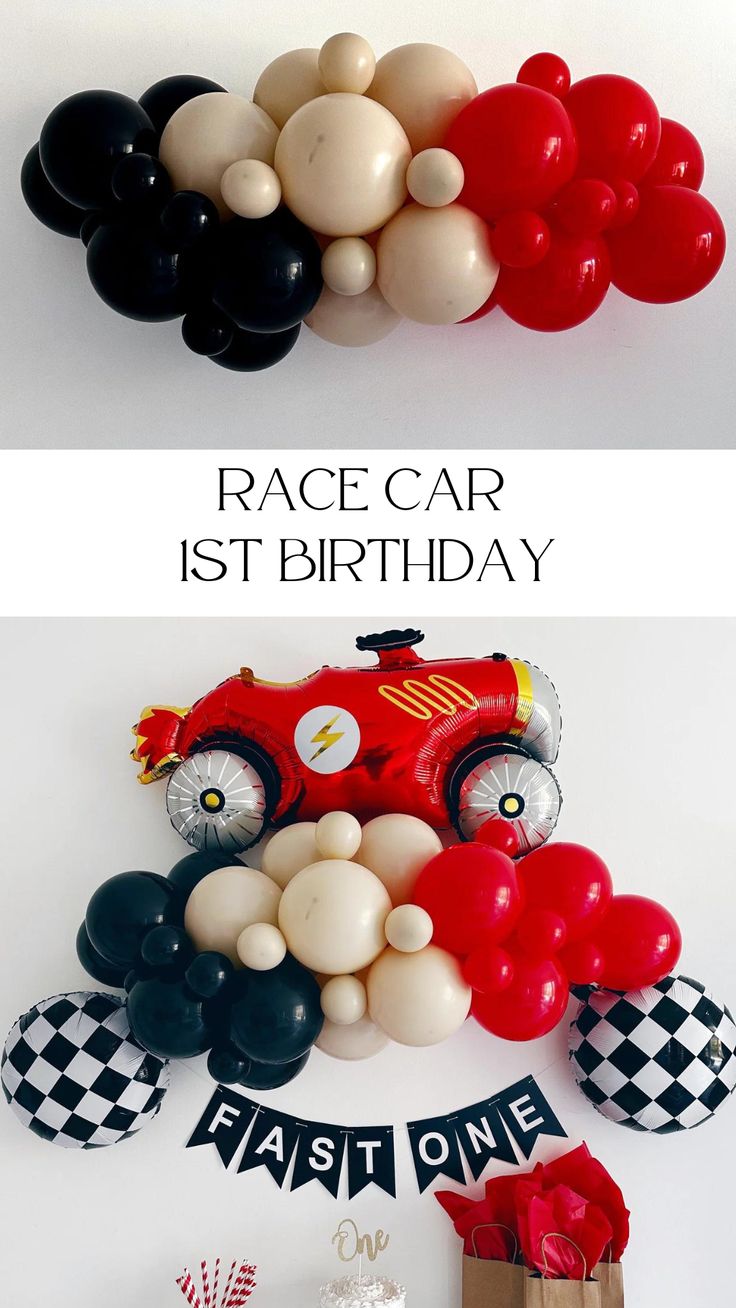 a birthday party with balloons and race cars