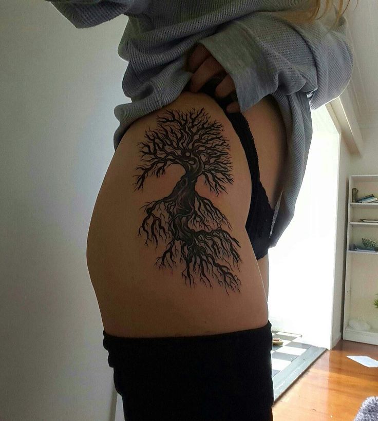 tree thigh/hip tattoo! Hip Tree Tattoo, Thigh Tree Tattoos Women, Willow Tree Hip Tattoo, Huge Hip Tattoo, Thigh Tree Tattoo, Tree Hip Tattoos Women, Tree Thigh Tattoo Women, Tree Tattoo On Thigh, Hip Tattoos Women Side Thighs Unique