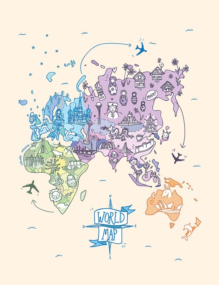 the world map is drawn with colorful doodles on it's sides and features cartoon animals