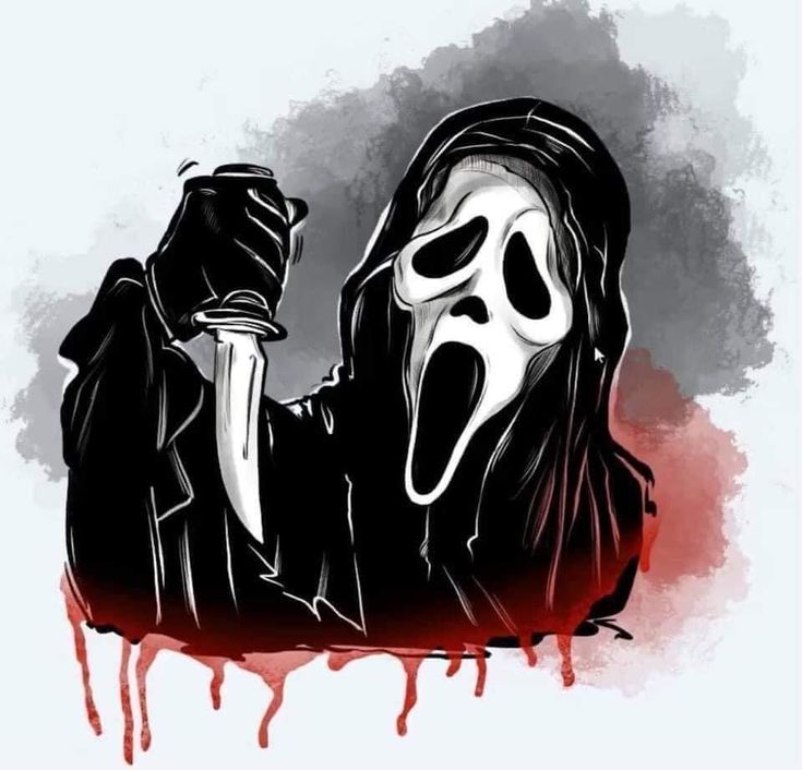 a drawing of a person holding a knife and wearing a mask with blood dripping down the floor