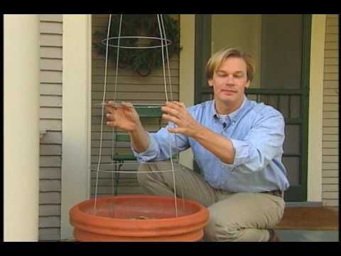 a man is sitting on the porch with his hands in front of an orange planter