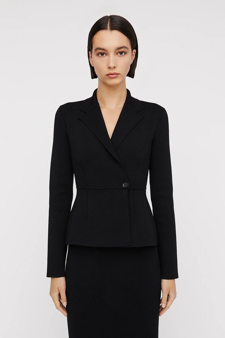 CREPE KNIT TAILORED JACKET-BLACK - Scanlan Theodore Female Manager, Scanlan Theodore, Tailored Jacket, Knit Jacket, Timeless Beauty, Single Breasted, Peplum Dress, Contemporary Design, Work Wear