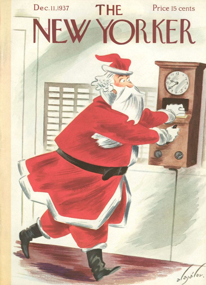 an advertisement for the new yorker featuring santa claus in front of a wall clock