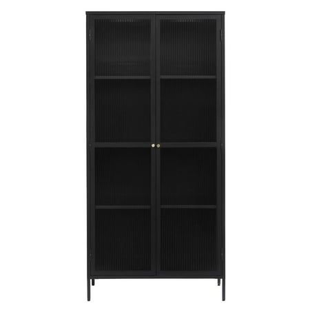 a black bookcase with three shelves on the front and two doors in the back