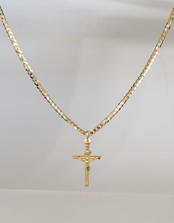 Real Gold Cross Necklace Made in Italy Guaranteed 10K Yellow GOLD, Stamped 10K This gold cross necklace is a beautiful piece for Christians for protection during uncertain times. Excellent for yourself or as a thoughtful gift to somebody you care about. 10K SOLID Gold Curb Chain: 1.5 mm, 2 mm, 3mm Choose Cross size (not including bail): Small: 30 mm x 18 mm x 4 mm Large: 45 mm x 28 mm x 5 mm Real Solid Gold Curb Chain is secured with a Solid Gold lobster clasp. Invest in SOLID GOLD: It's what's Mexican Gold Cross Necklace, Mens Gold Jewelry Necklace, Luxury Men's Crucifix Necklace, Cross Necklaces For Men, Gold Plated Cross Pendant Necklace With Gold Chain, Gold Plated Cross Chain Necklace, Gold Plated Cross Pendant Chain Necklace, Gold-plated Cross Pendant Necklace With Chain, Gold Crucifix Necklace In 14k Gold