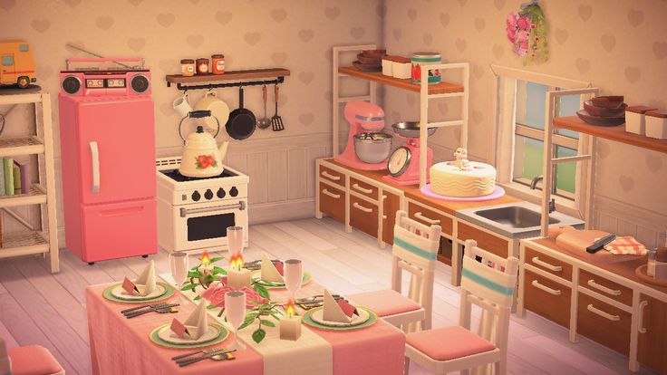 an animated kitchen with pink appliances and white table cloths on the dining room floor