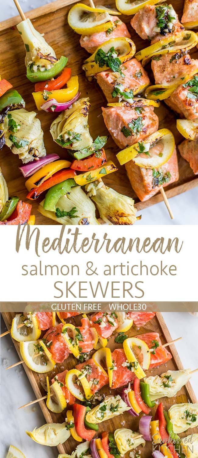 meat and vegetable kabobs on skewers with text overlay that reads mediterranean salmon, salmon & artichoke skewers