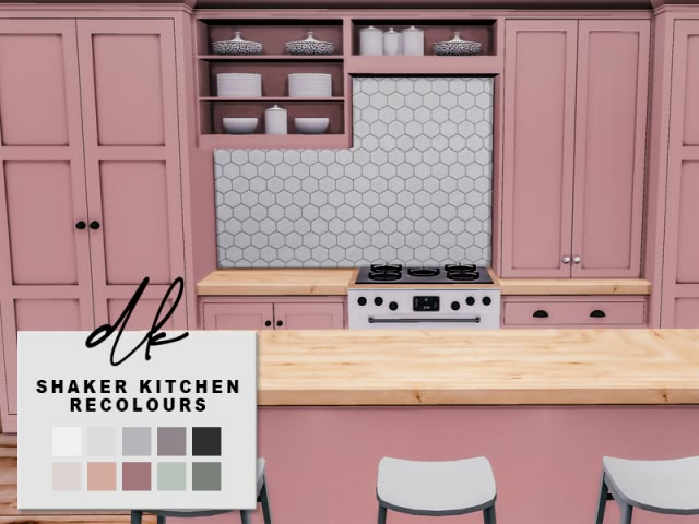 a kitchen with pink cabinets and white chairs