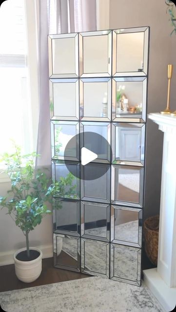 a large mirror sitting on top of a floor next to a potted plant in front of a window