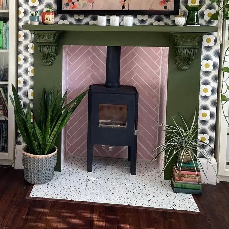 a living room with a wood stove and potted plants on the fireplace mantel