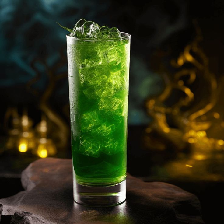 a glass filled with green liquid sitting on top of a wooden table