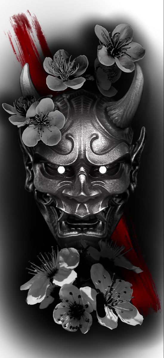 Japanese Black Tattoo Design, Black Hanya Mask Tattoo, Hannah Mask Tattoo Design, Japanese Mask Back Tattoo, Oni Mask Neck Tattoo, Omni Mask Japanese Tattoo, Chinese Samurai Tattoo, Hanya Mask Back Tattoo, Hannya Mask Back Tattoo